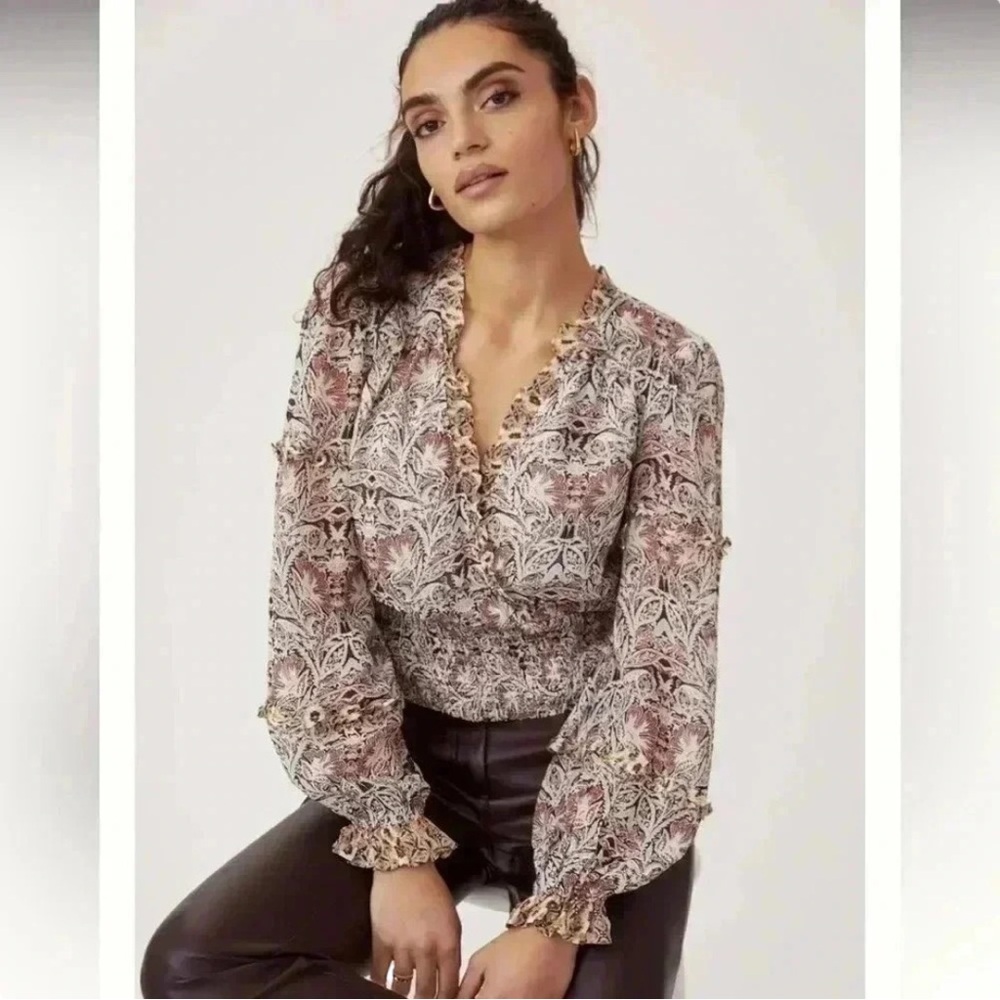 ANTHROPOLOGIE Faux Wrap Deep-V Neck Paisley Ruffle Blouse, size extra small - Picture 4 of 11